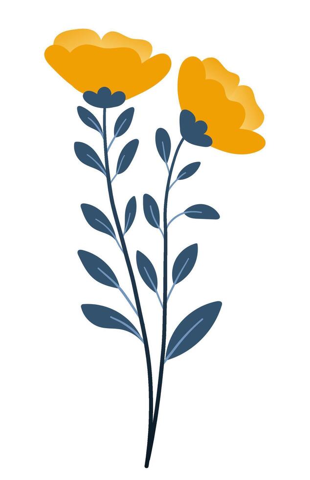 Bouquet of plants and yellow flowers in flat style on white background. Meadow flowers and grasses, leaves and tulips. Vector illustration