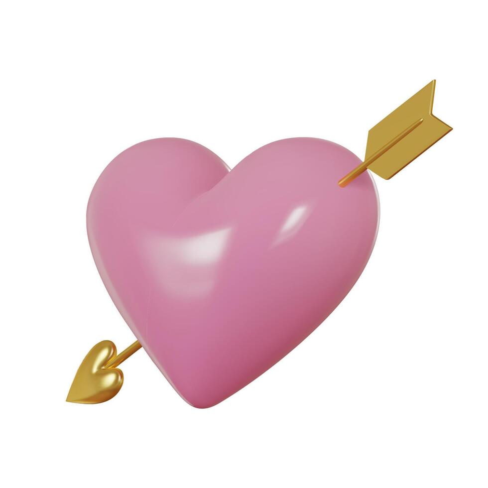 3D pink glossy heart with golden arrow in perspective. Symbol of love. Valentines day card. Realistic 3d isolated on white background. Vector illustration