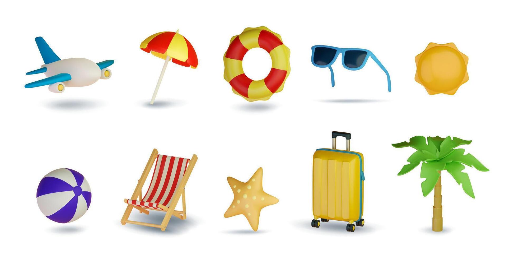 3d conjunto de viaje íconos en blanco antecedentes. vacaciones, avión, palma árbol, Gafas de sol, haragán, nadando regazo, sol, maleta, pelota y sombrilla. vector ilustración