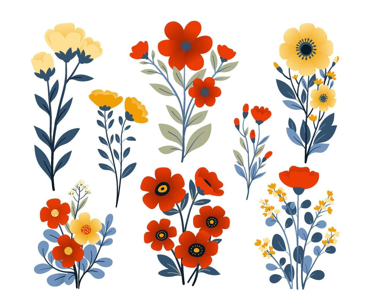 Set of wild plants and flowers in flat style on white background. Meadow flowers and bouquets, poppies, grasses, leaves and tulips. Vector illustration