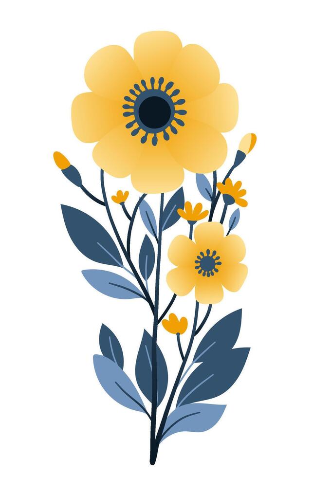 Bouquet of plants and yellow flowers in flat style on white background. Meadow flowers and grasses, leaves and tulips. Vector illustration