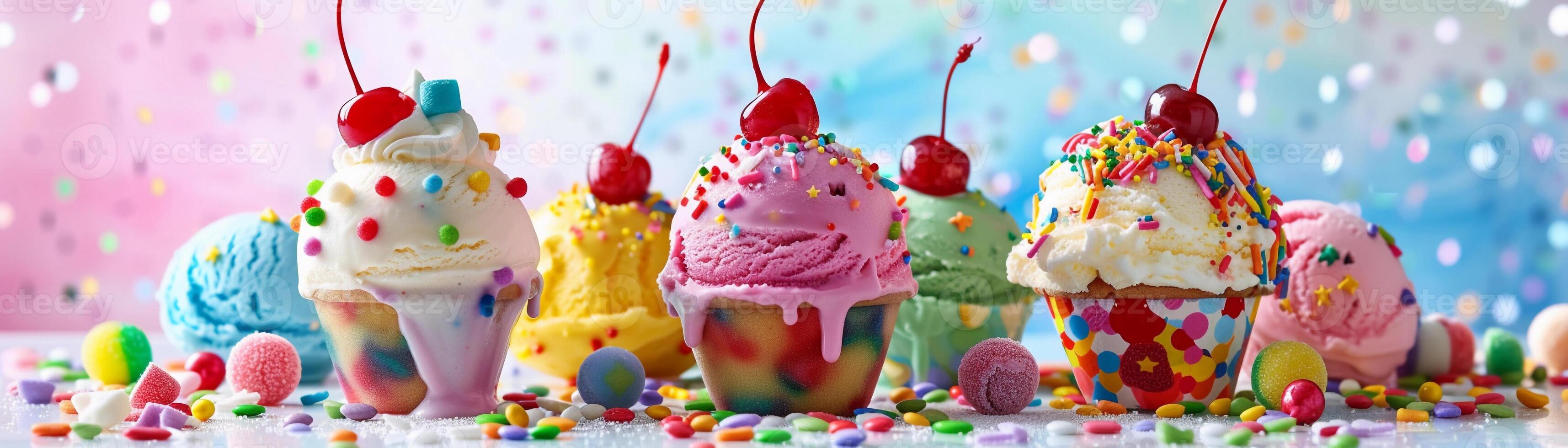 AI generated Rainbow Delight, A colorful ice cream sundae piled high with scoops in different pastel shades, generative AI photo