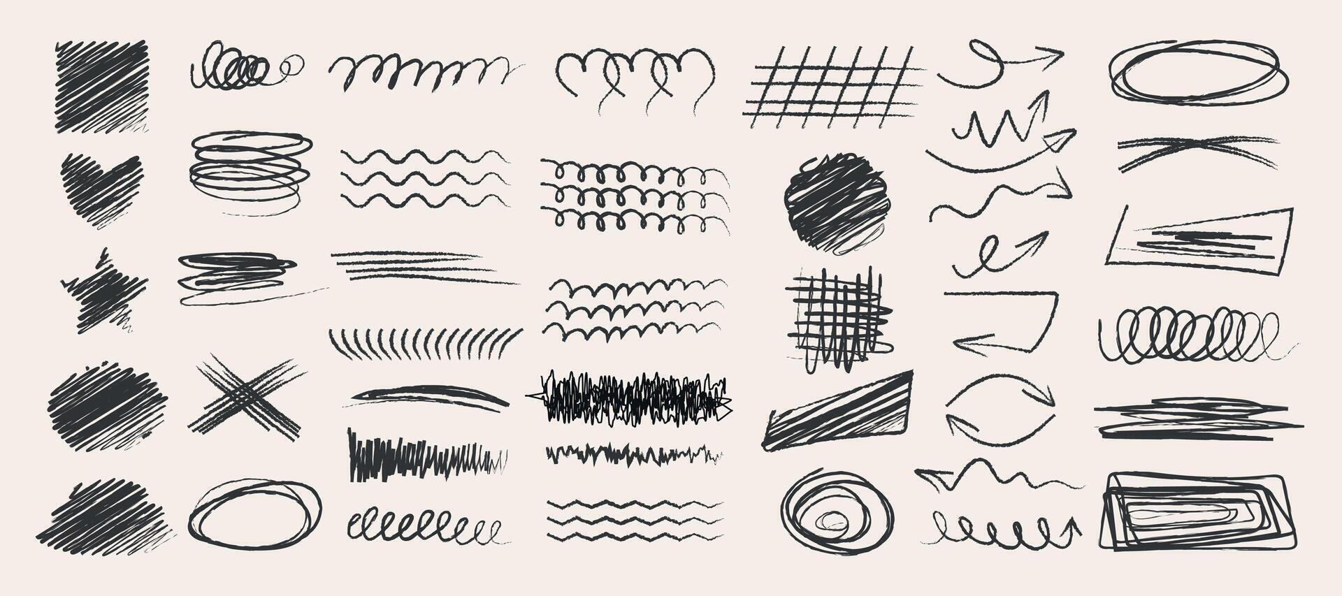 Collection of grunge doodles drawn with charcoal, brush, bristles. Bold charcoal stripes, arrows, markers, underlining, geometric shapes. Modern vector outline in doodle style.