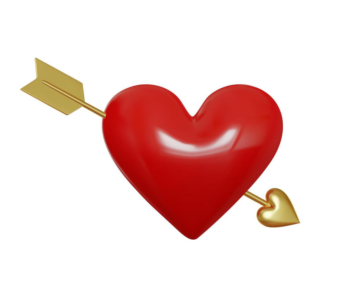 3d rojo lustroso corazón con dorado flecha. símbolo de amor. san valentin día tarjeta. realista 3d aislado en blanco antecedentes. vector ilustración