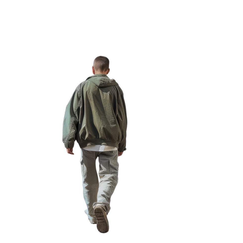 AI generated Man in Green-Grey Jacket and Casual Pants Walking Away - Isolated Back View png