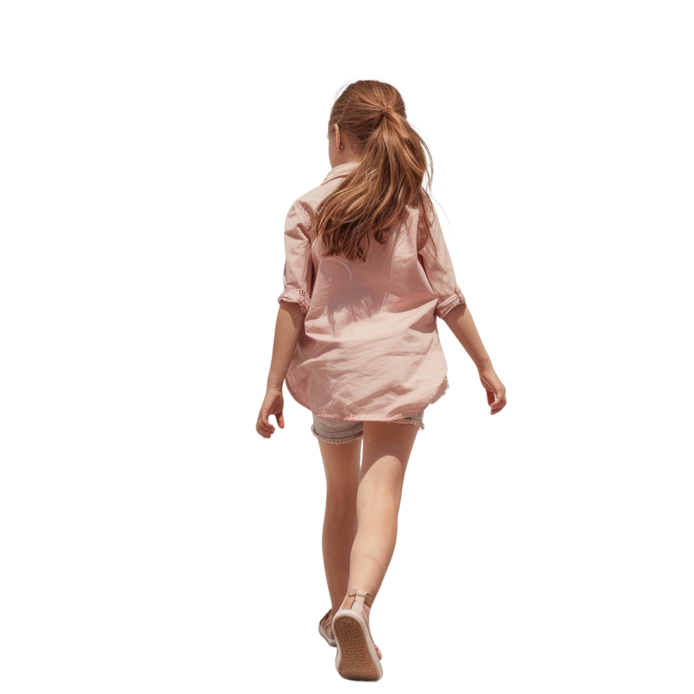 AI generated Young Girl in Casual Pink Shirt and Shorts Walking Freely - Isolated Back View png