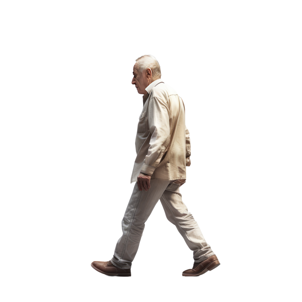 AI generated Senior Man in Elegant Beige Attire Walking with Purpose - Isolated Side View png