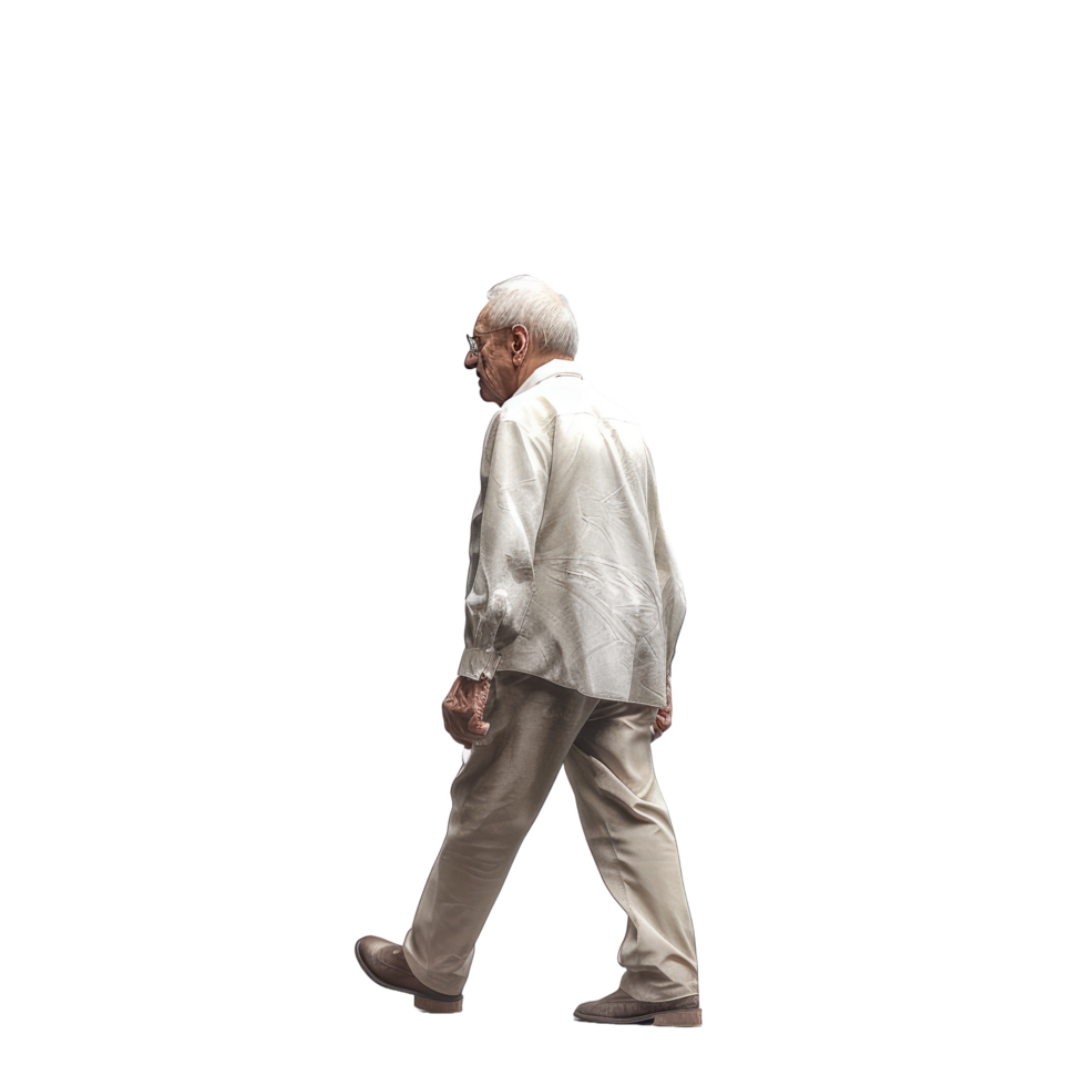 AI generated Senior Man in Elegant Beige Attire Walking with Purpose - Isolated Side View png