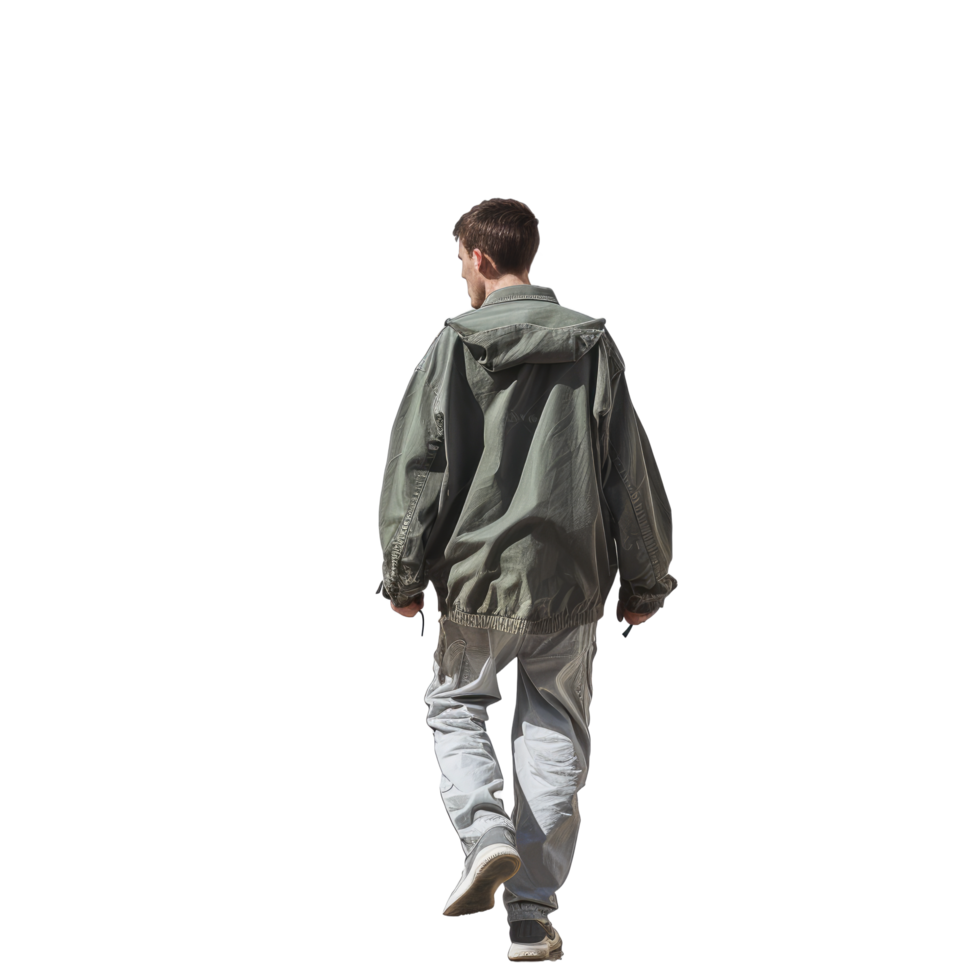 ai gerado homem dentro verde Cinza Jaqueta e casual calça caminhando longe - isolado costas Visão png