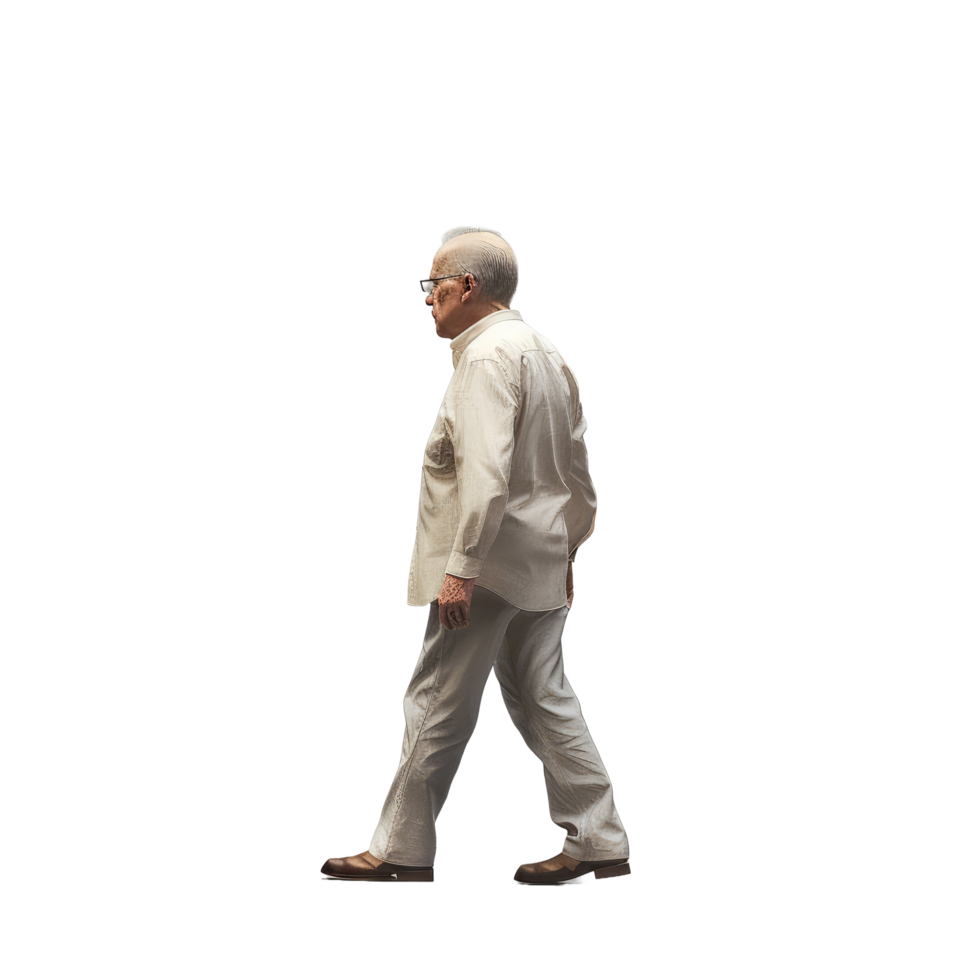AI generated Senior Man in Elegant Beige Attire Walking with Purpose - Isolated Side View png