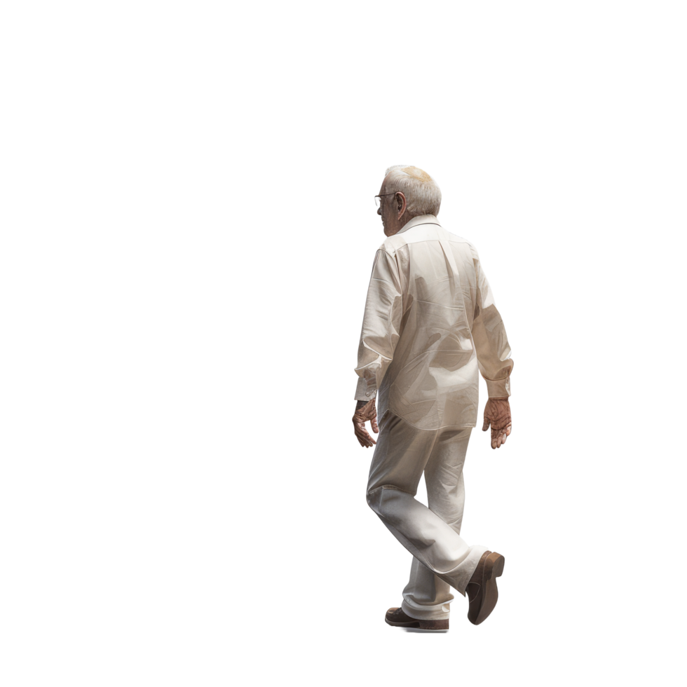 AI generated Senior Man in Elegant Beige Attire Walking with Purpose - Isolated Side View png