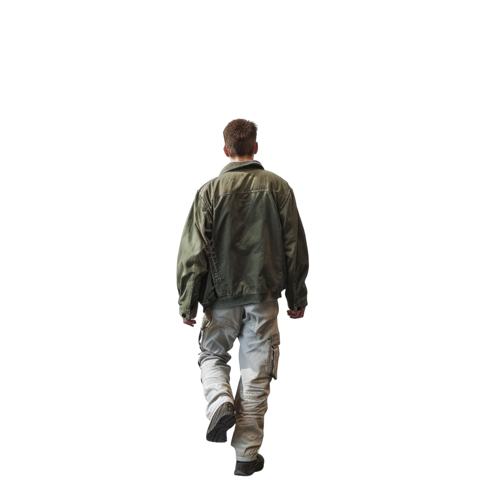 AI generated Man in Green-Grey Jacket and Casual Pants Walking Away - Isolated Back View png