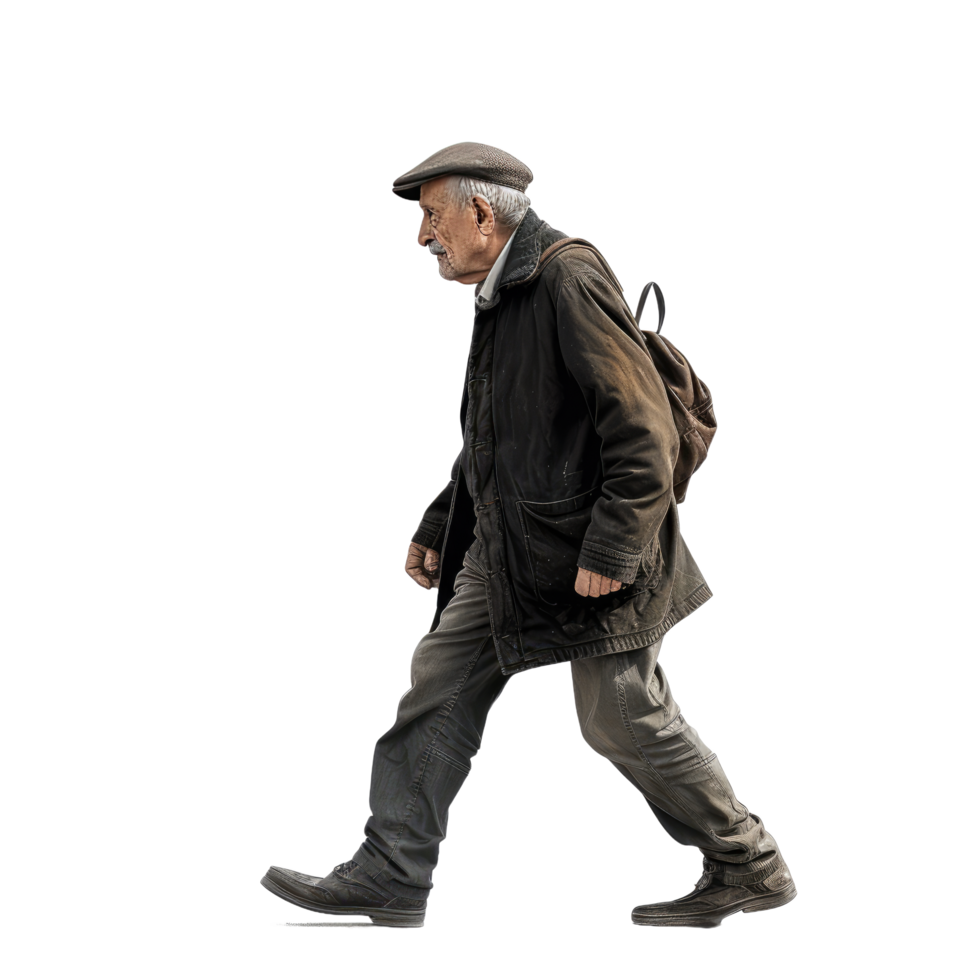 AI generated Elderly Man in Casual Autumn Attire Walking Alone with Determination - Isolated Side View png