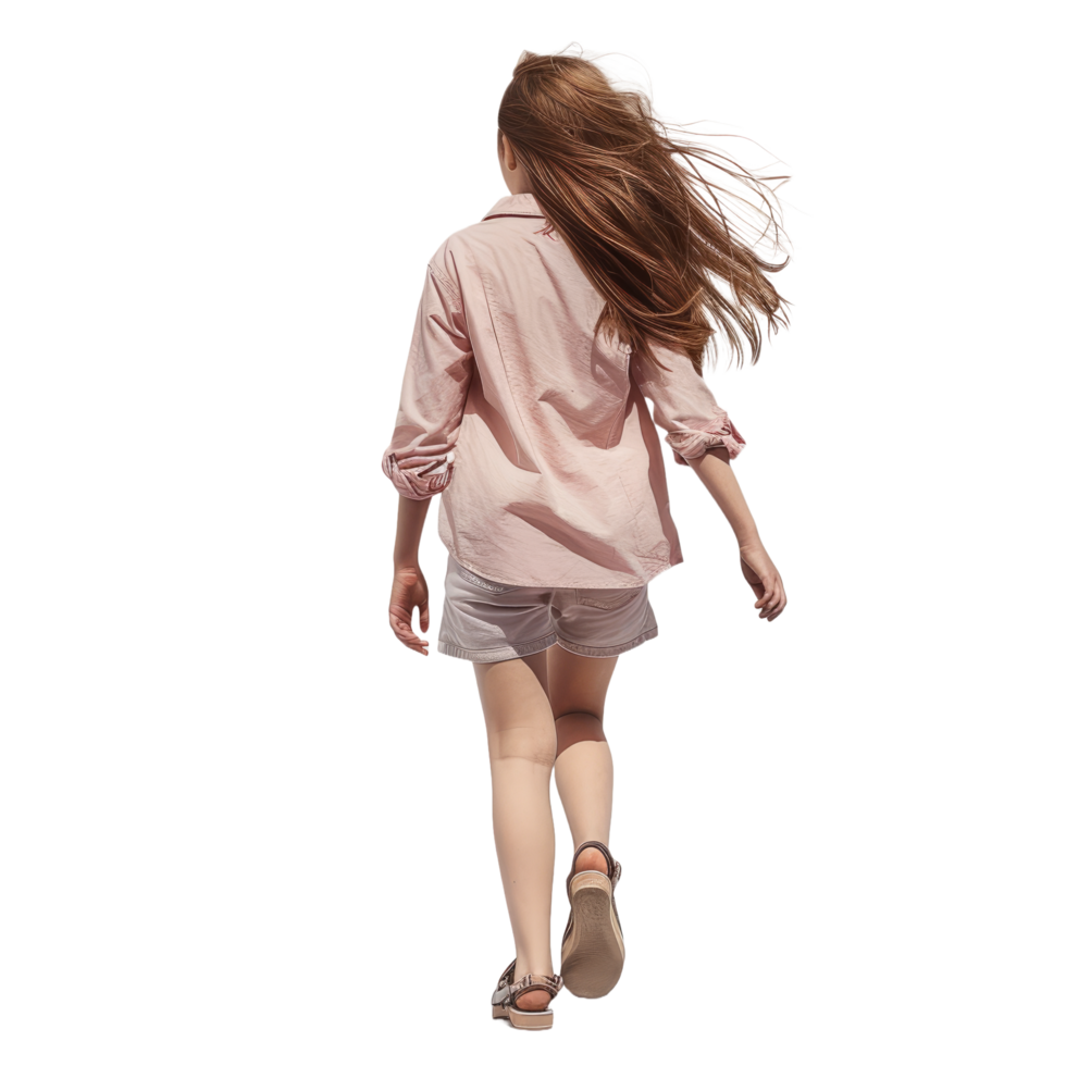 AI generated Young Girl in Casual Pink Shirt and Shorts Walking Freely - Isolated Back View png