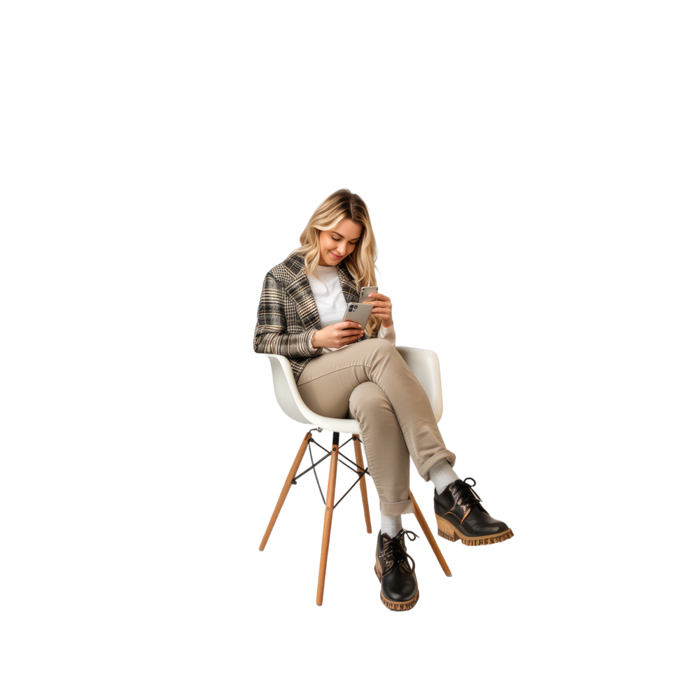 AI generated Stylish Young Woman Engrossed in Her Smartphone While Sitting Casually png