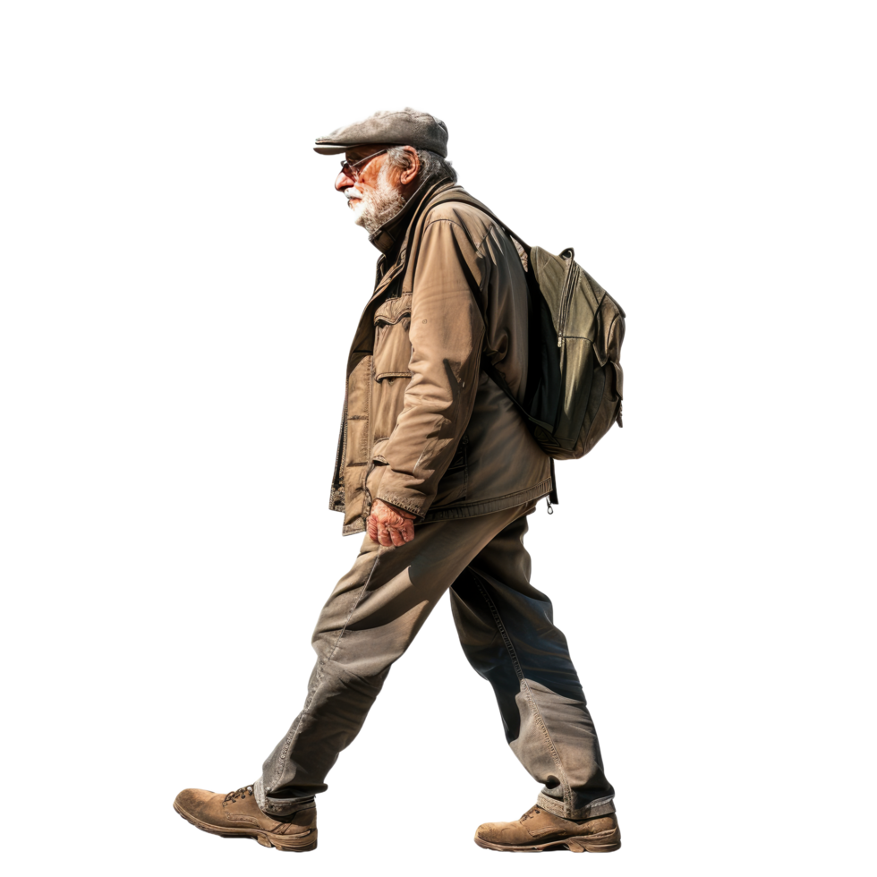 AI generated Elderly Man in Casual Autumn Attire Walking Alone with Determination - Isolated Side View png