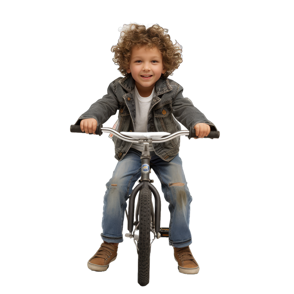 AI generated Cheerful Young Boy with Curly Hair Joyfully Riding a Bicycle - A Symbol of Carefree Childhood and Playful Spirit png