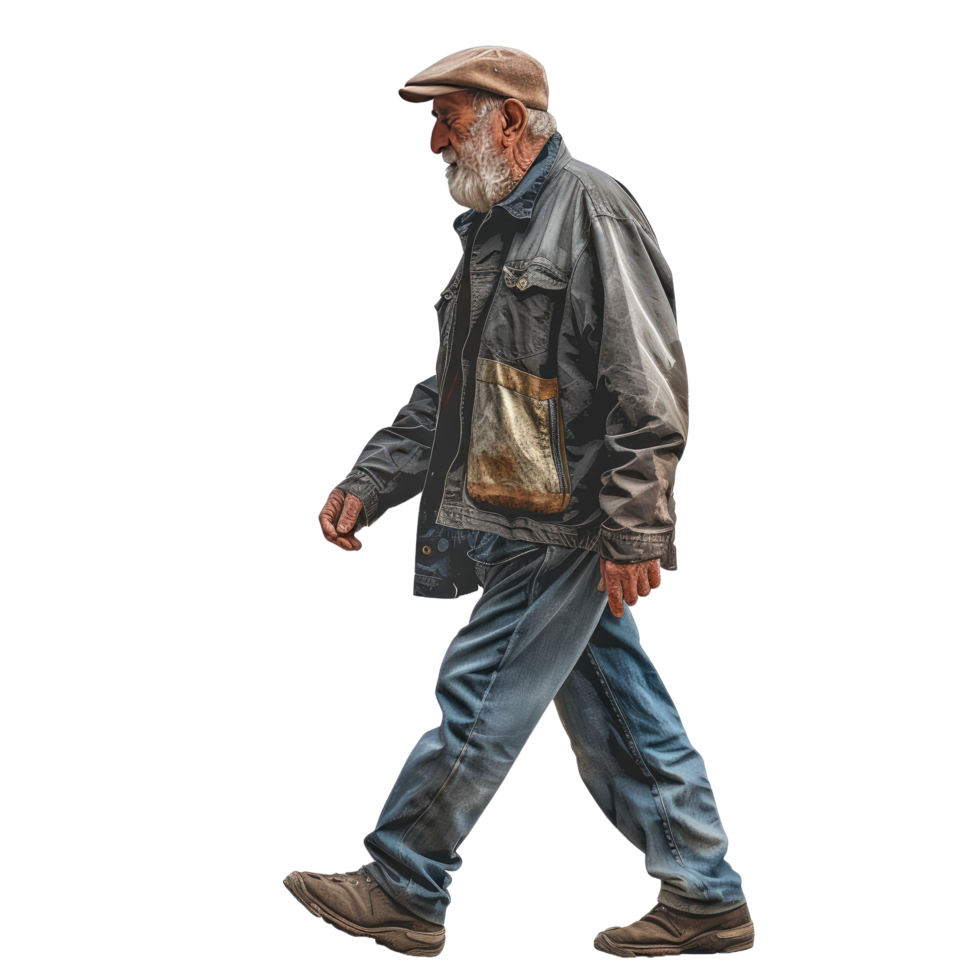 AI generated Elderly Man in Casual Autumn Attire Walking Alone with Determination - Isolated Side View png
