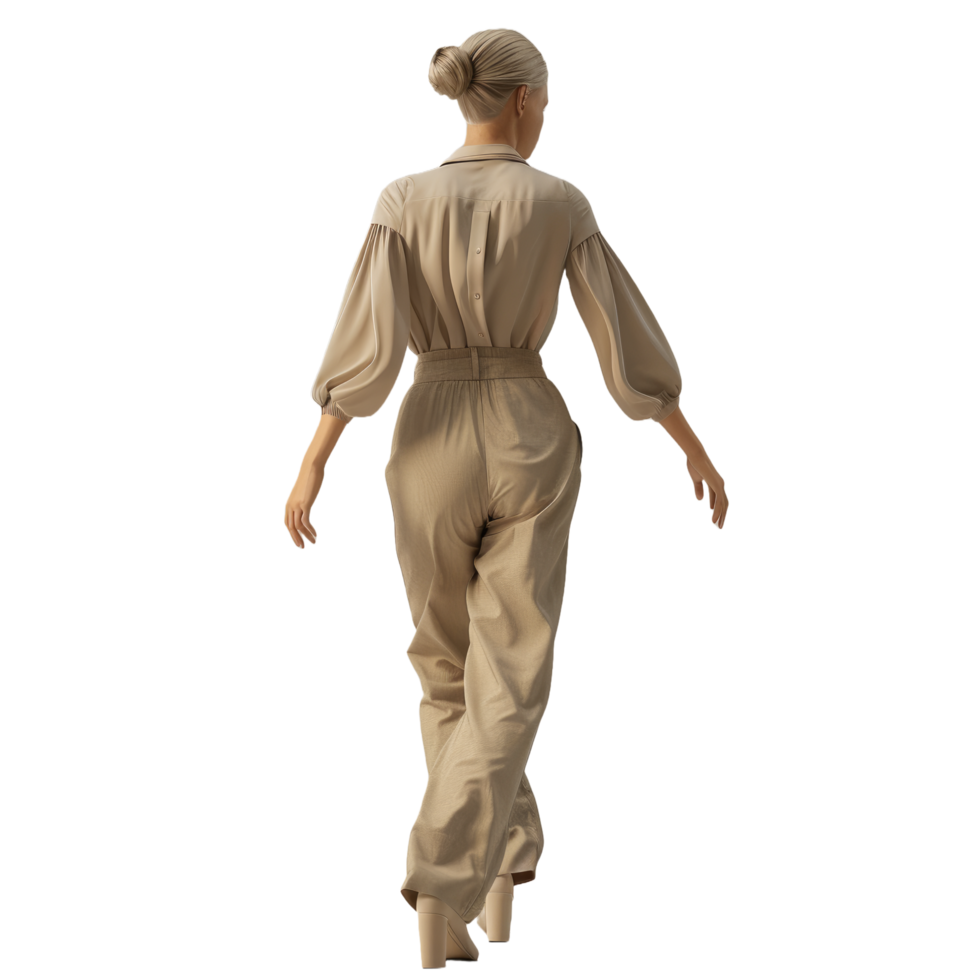 AI generated Chic Woman in Elegant Beige Jumpsuit Walking Away - Isolated Back View png