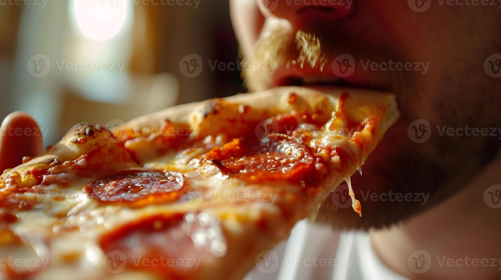 ai generado de cerca de un hombre comiendo un delicioso pizza, antecedentes imagen, generativo ai foto