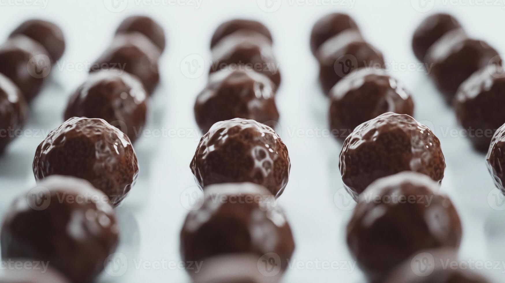 AI generated Chocolate Truffles, glossy chocolate truffles arranged neatly on a white surface, background image, generative AI photo