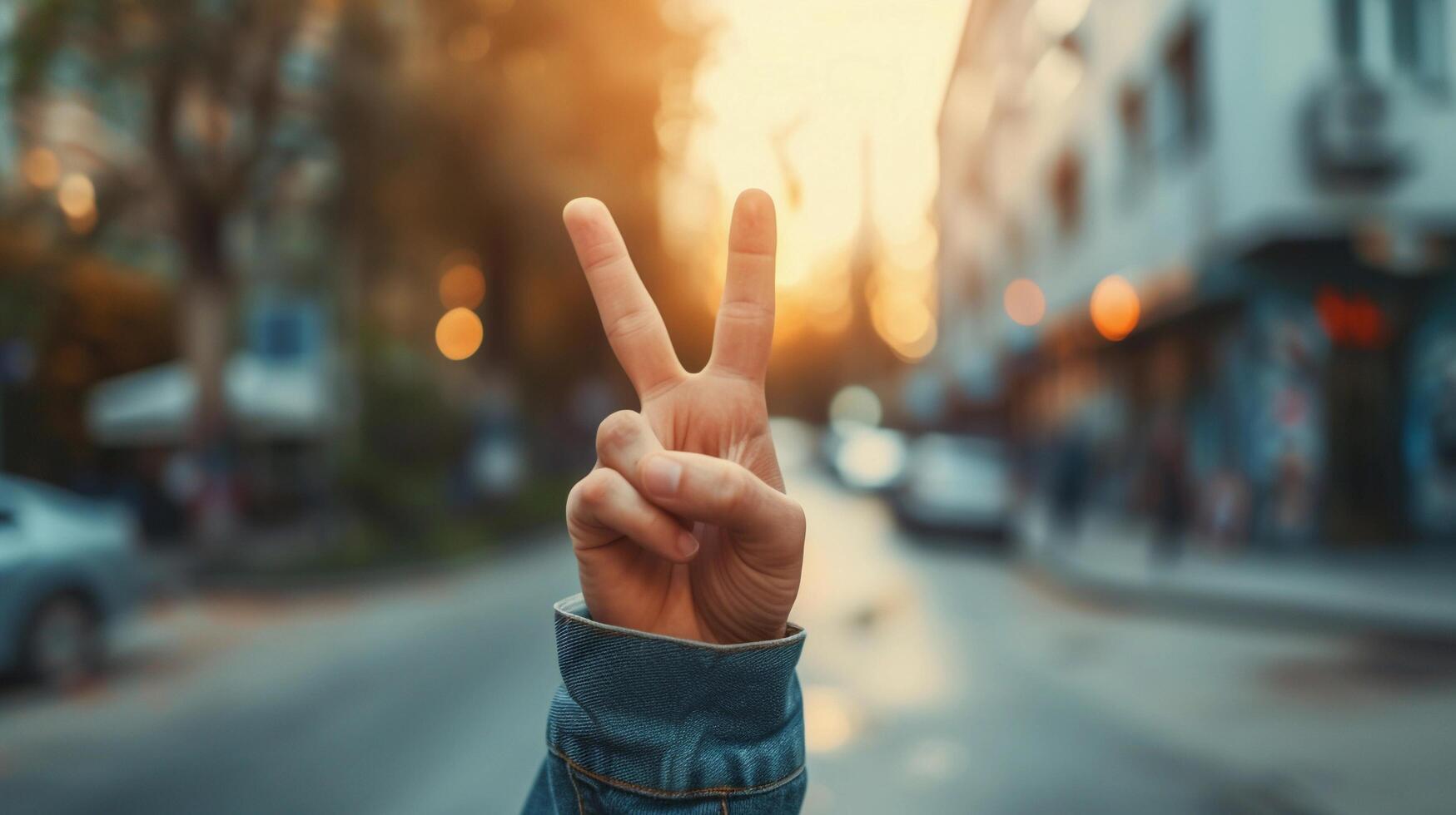 AI generated Close-up of male hand raising two fingers victory symbol, background image, generative AI photo