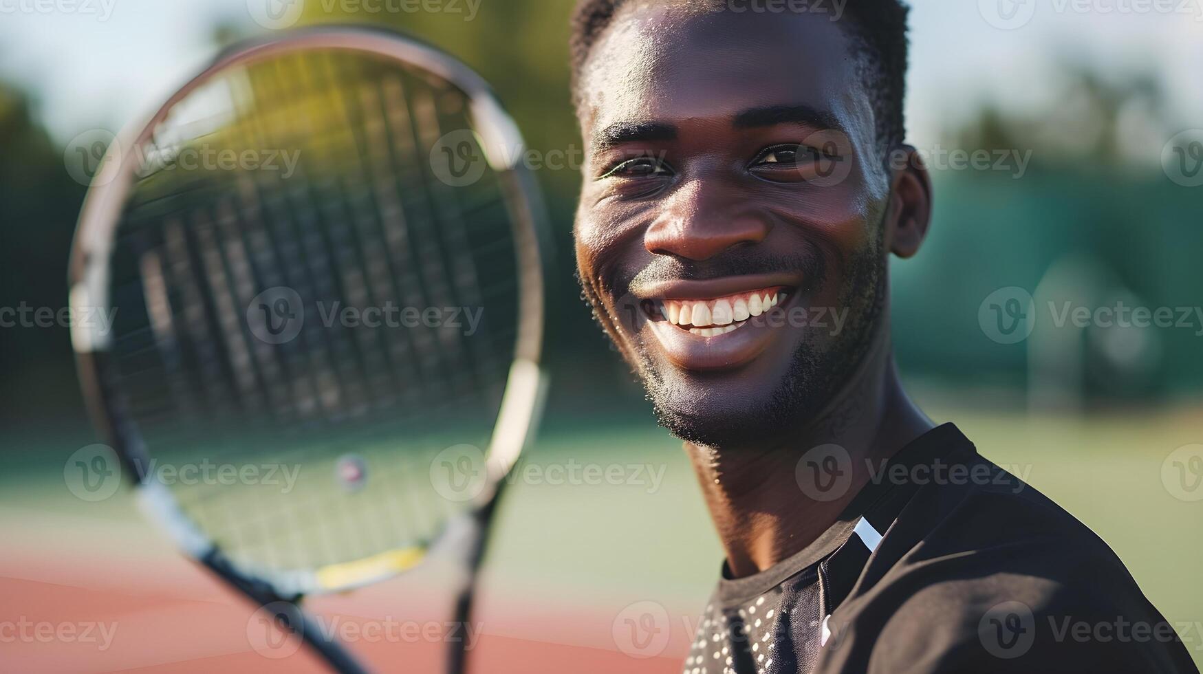AI generated Smiling black male tennis player on the field, generative AI, background image photo