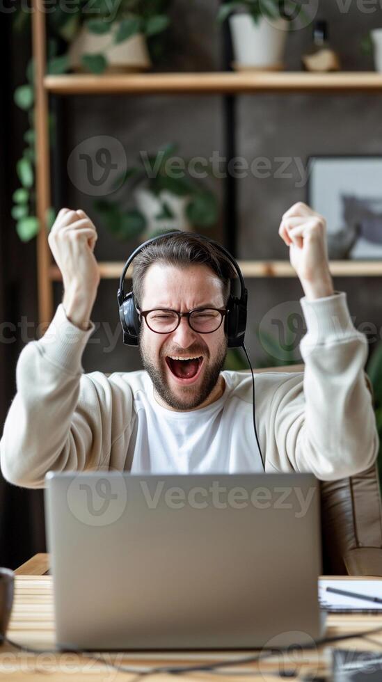 AI generated White male with an enthusiastic expression wearing headphones and raising his hands up while looking at his laptop, background image, generative AI photo