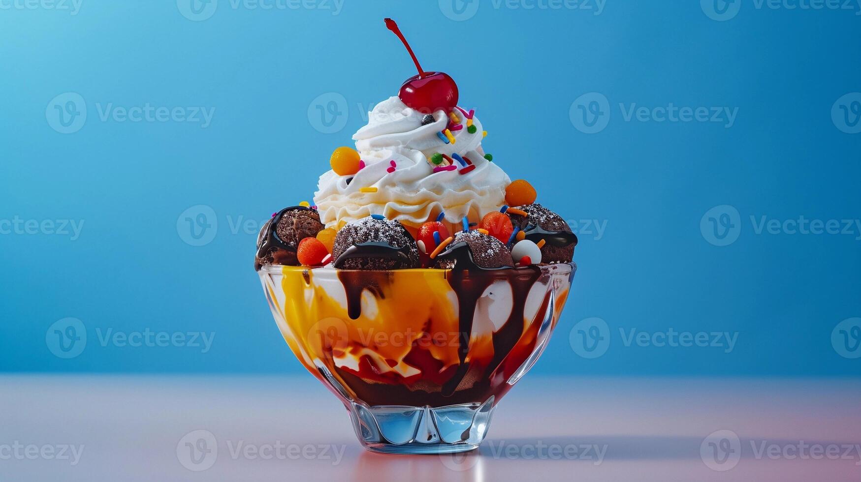 AI generated Sundae Delight, colorful and indulgent ice cream sundae topped with whipped cream, generative AI photo