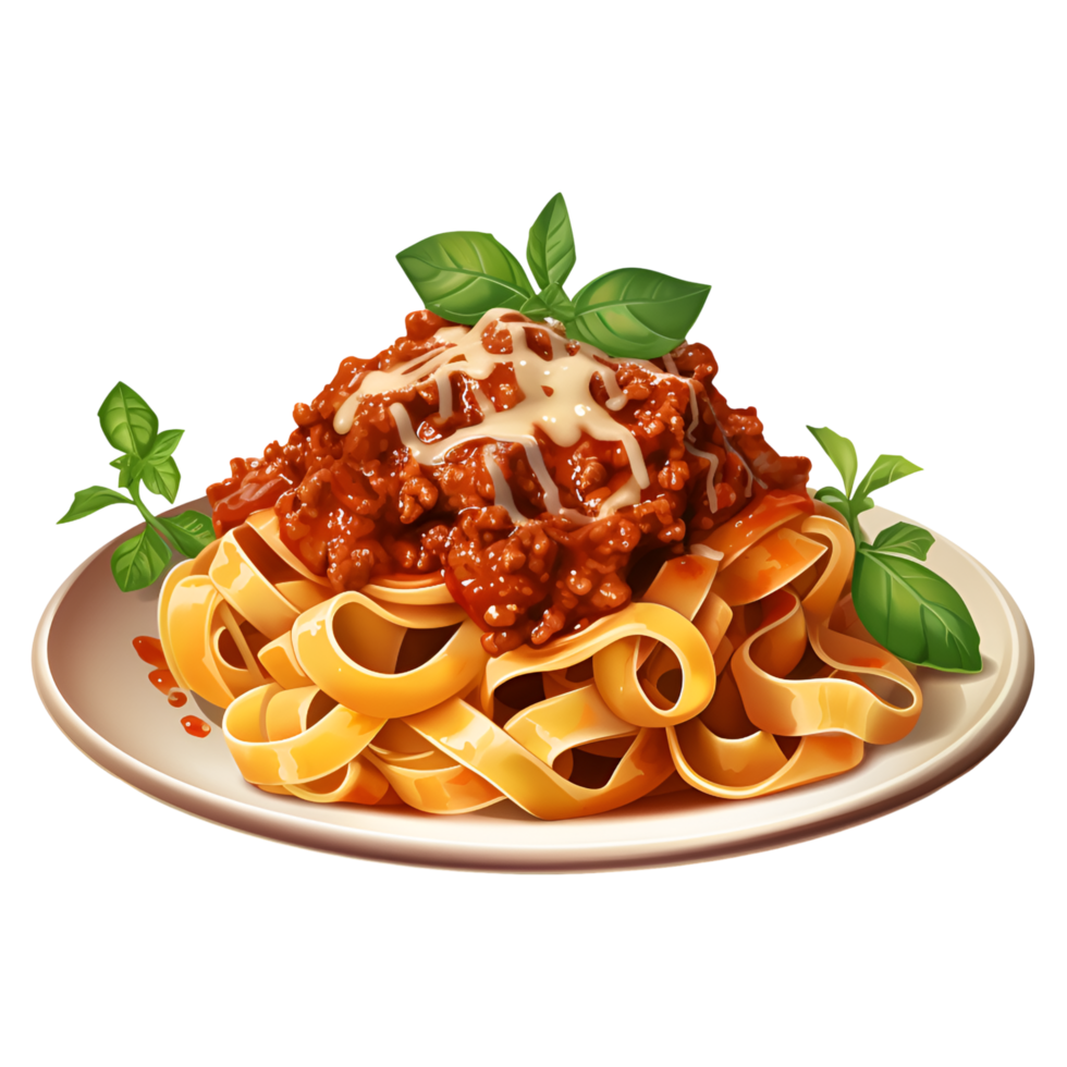 AI generated Pesto pasta plate food ,Tasty spaghetti pasta with bolognese sauce and basil leaf generative AI png