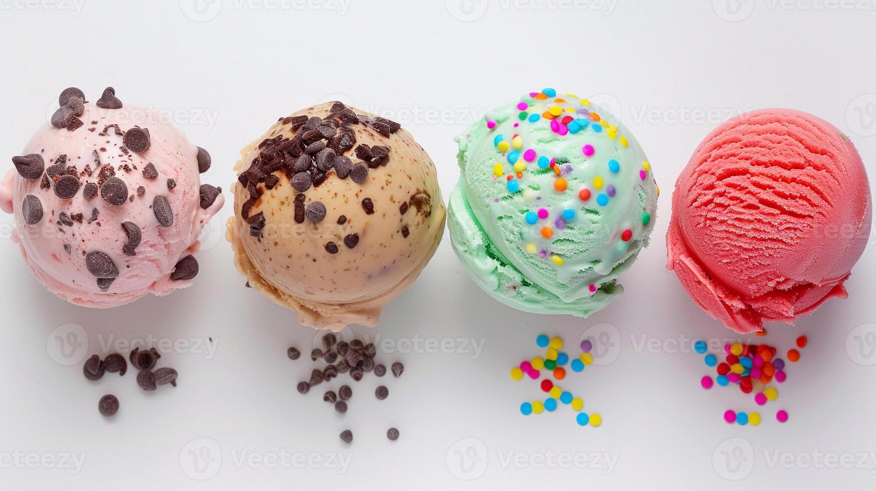 AI generated Creative Flavors Galore, lineup of unique and creative ice cream flavors, such as salted caramel swirl, mint chocolate chip and birthday cake, generative AI photo