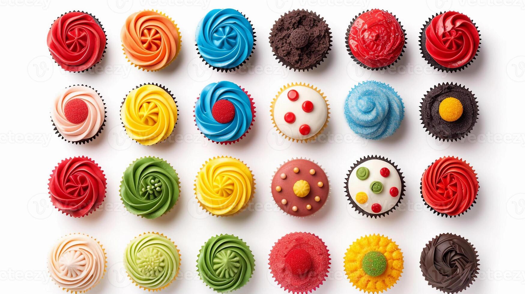 AI generated Cupcakes, variety of colorful cupcakes with piped frosting and decorative toppings, background image, generative AI photo