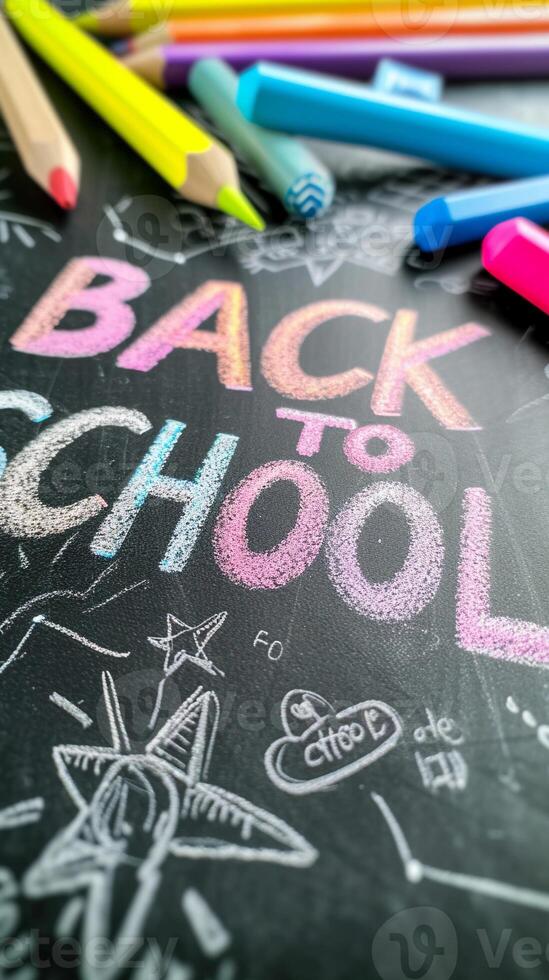 AI generated Photo of the text 'Back To School' written using colorful chalk on a classroom blackboard, generative AI