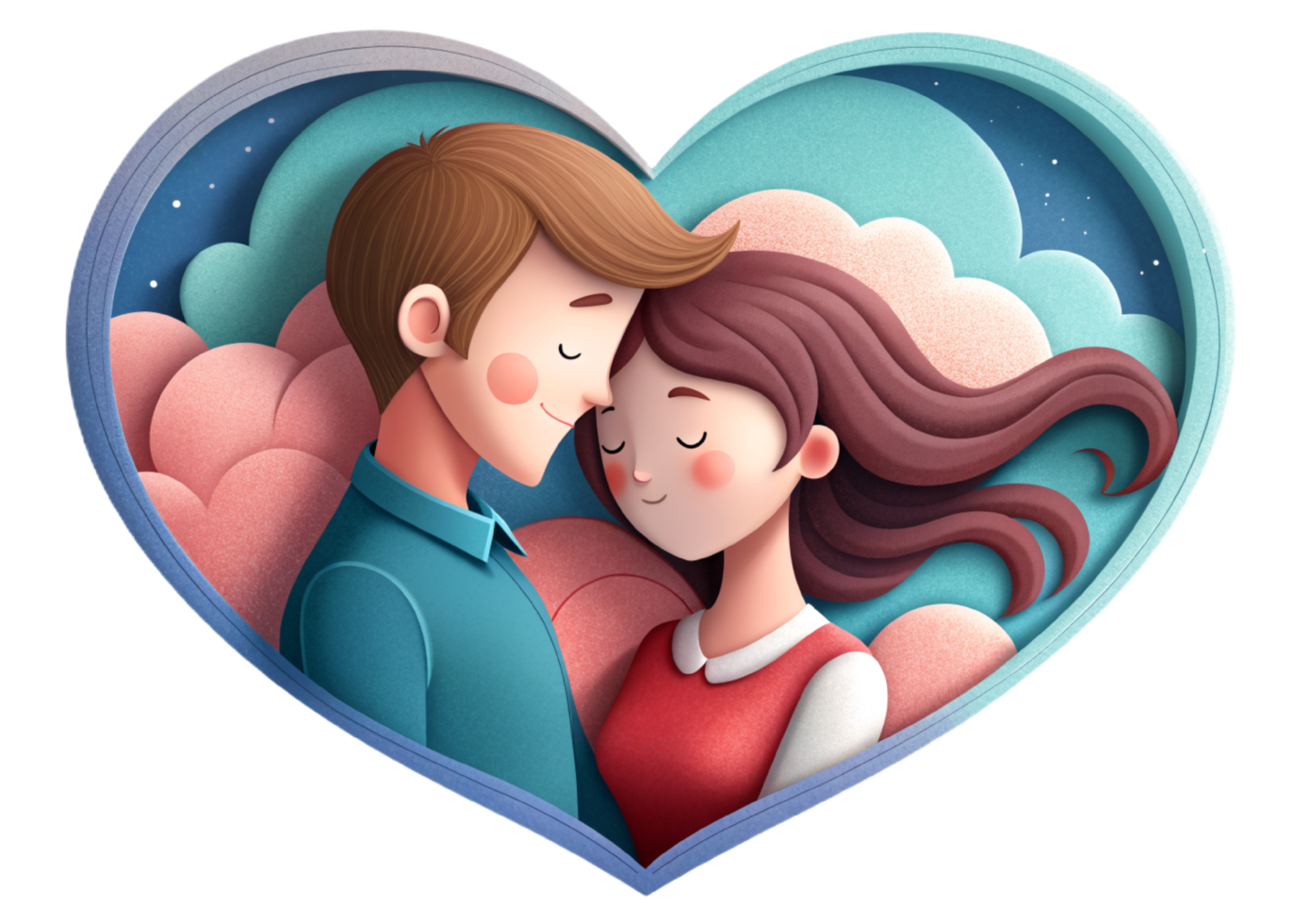 AI generated beautiful Young couple , dreaming of their future, heart background, paper art style. png
