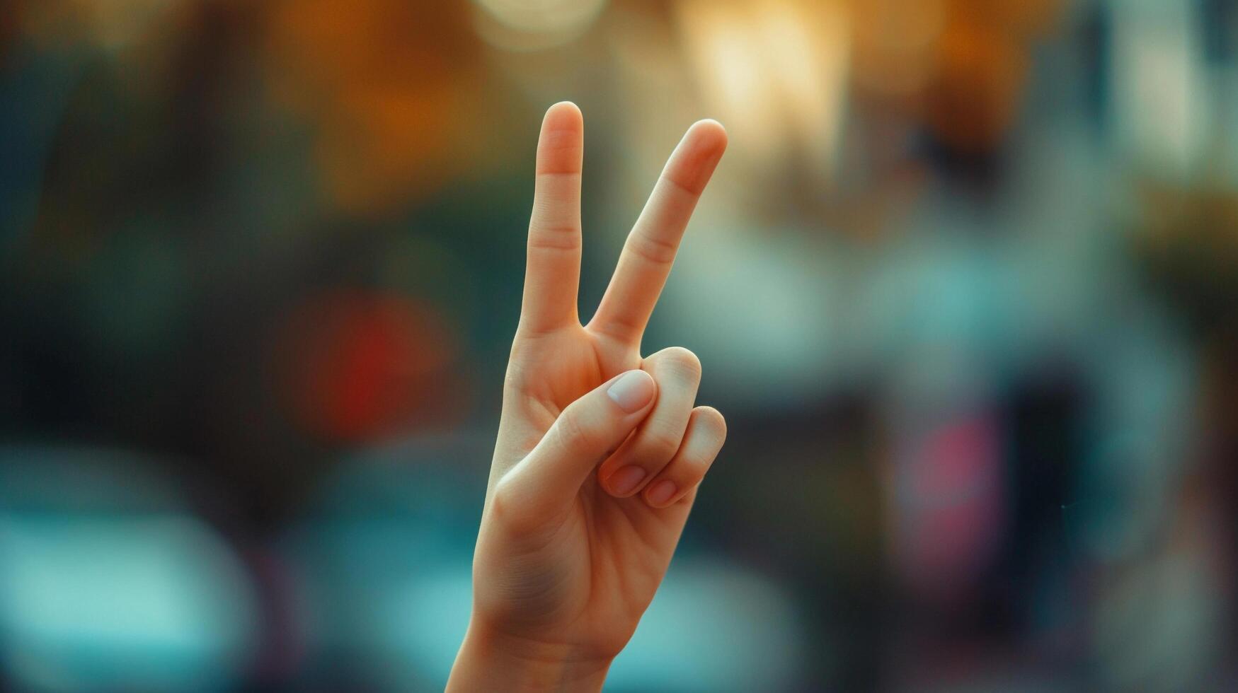 AI generated Close-up of female beautiful hand raising two fingers victory symbol, background image, generative AI photo
