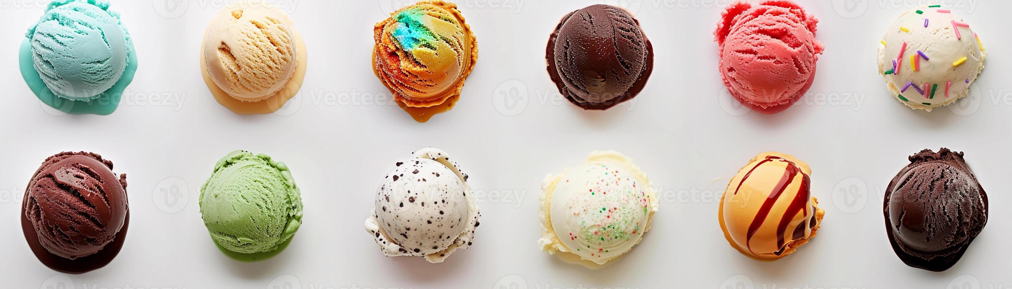 AI generated Creative Flavors Galore, lineup of unique and creative ice cream flavors, such as salted caramel swirl, mint chocolate chip and birthday cake, generative AI photo