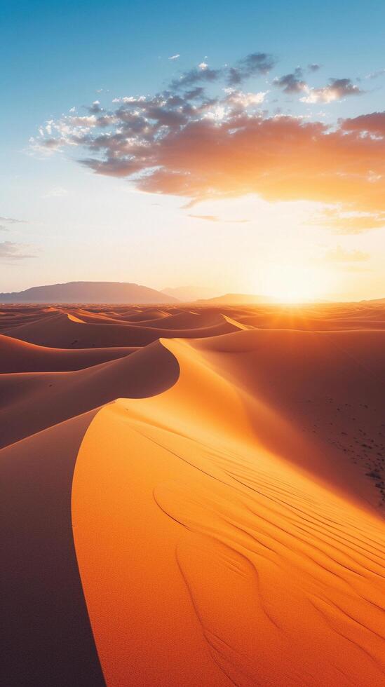 ai generado vasto extensión de Desierto arena dunas brillante en el calentar ligero de el ajuste sol, antecedentes imagen, generativo ai foto