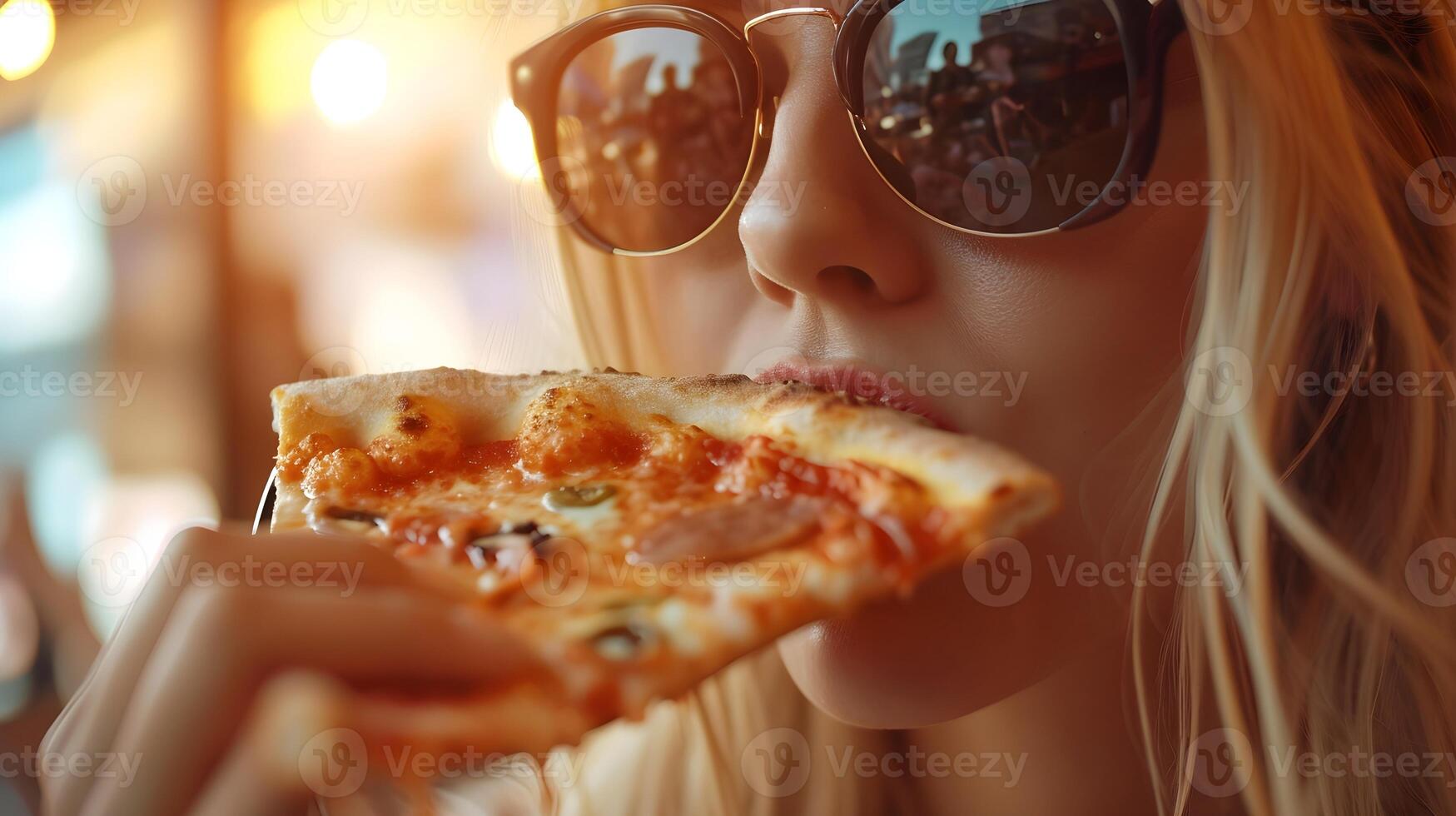 ai generado de cerca de un rubia mujer vistiendo Gafas de sol comiendo un delicioso pizza, antecedentes imagen, generativo ai foto