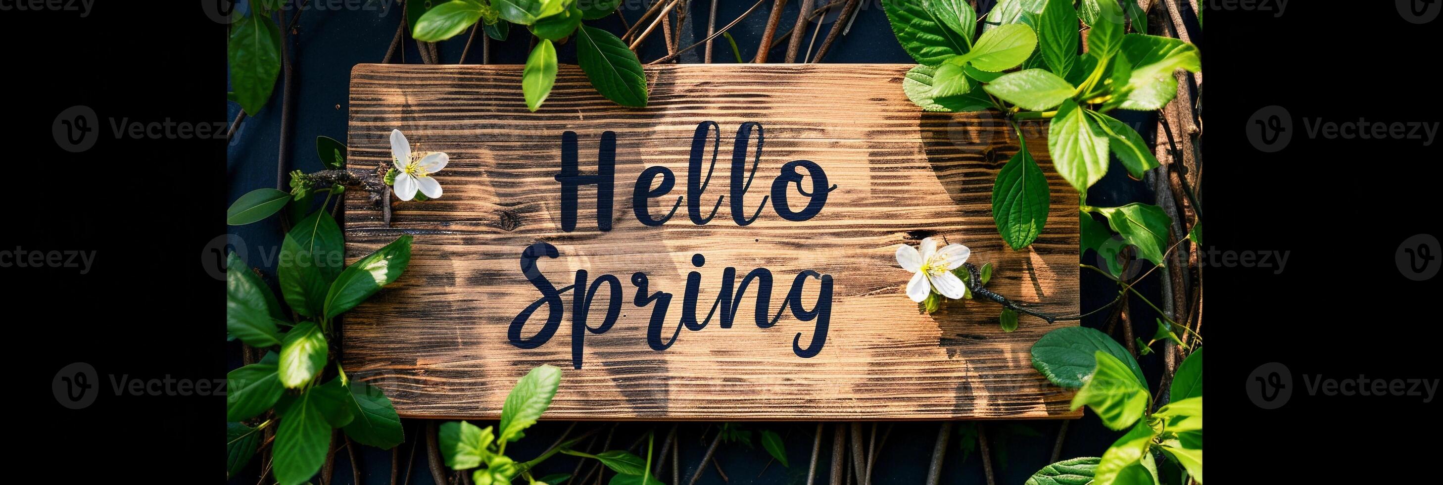 AI generated Photo of text 'Hello Spring' written with marker on wooden board, generative AI