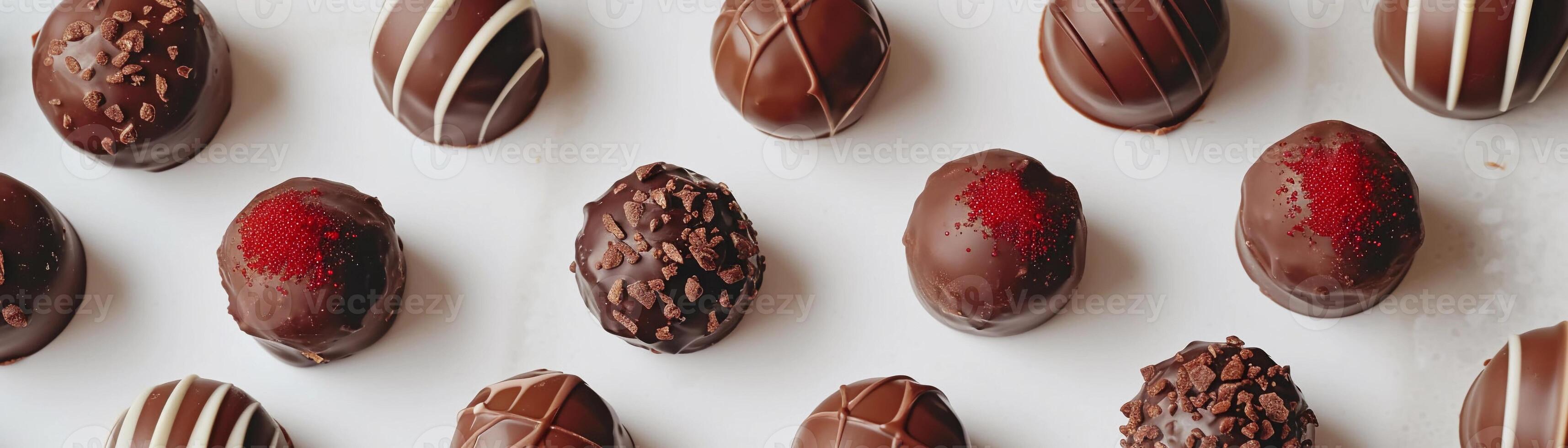 AI generated Chocolate Truffles, glossy chocolate truffles arranged neatly on a white surface, background image, generative AI photo