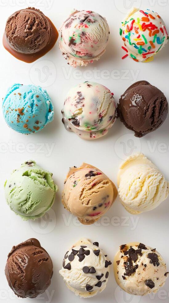 AI generated Creative Flavors Galore, lineup of unique and creative ice cream flavors, such as salted caramel swirl, mint chocolate chip and birthday cake, generative AI photo