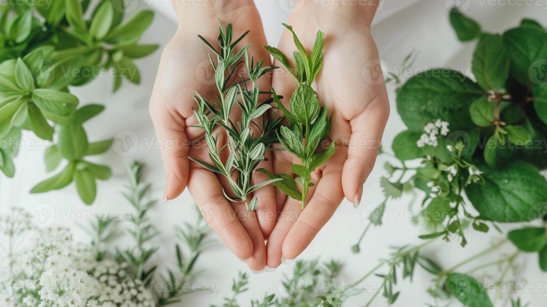 AI generated Healing Hands with Plants, background image, generative AI photo