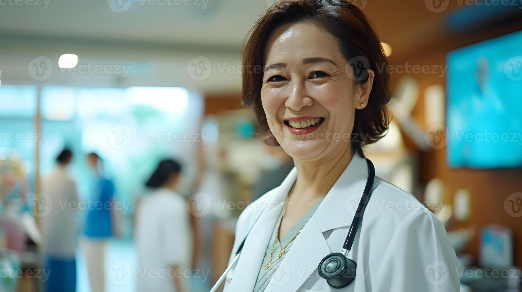 ai generado un de edad mediana asiático hembra médico sonrisas en contra el antecedentes de un ocupado hospital atmósfera, generativo ai foto