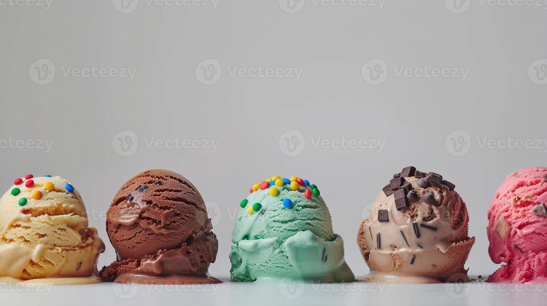 AI generated Creative Flavors Galore, lineup of unique and creative ice cream flavors, such as salted caramel swirl, mint chocolate chip and birthday cake, generative AI photo