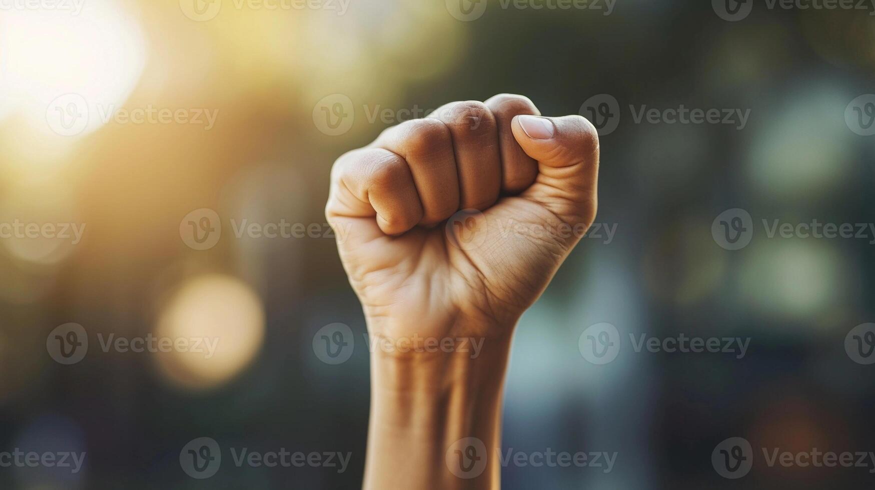AI generated Clenched fists raised high in the air, symbolizing victory, triumph, and a sense of achievement, background image, generative AI photo