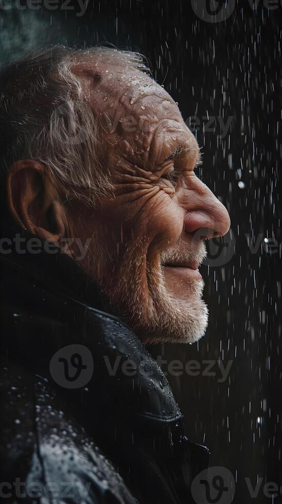 AI generated Side view portrait of a smiling elderly white male drenched in the pouring rain, generative AI, background image photo