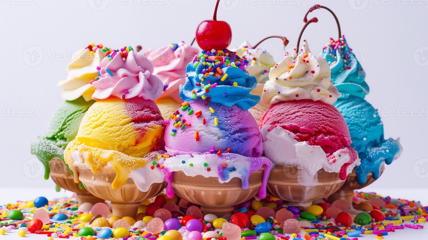 AI generated Rainbow Delight, A colorful ice cream sundae piled high with scoops in different pastel shades, generative AI photo
