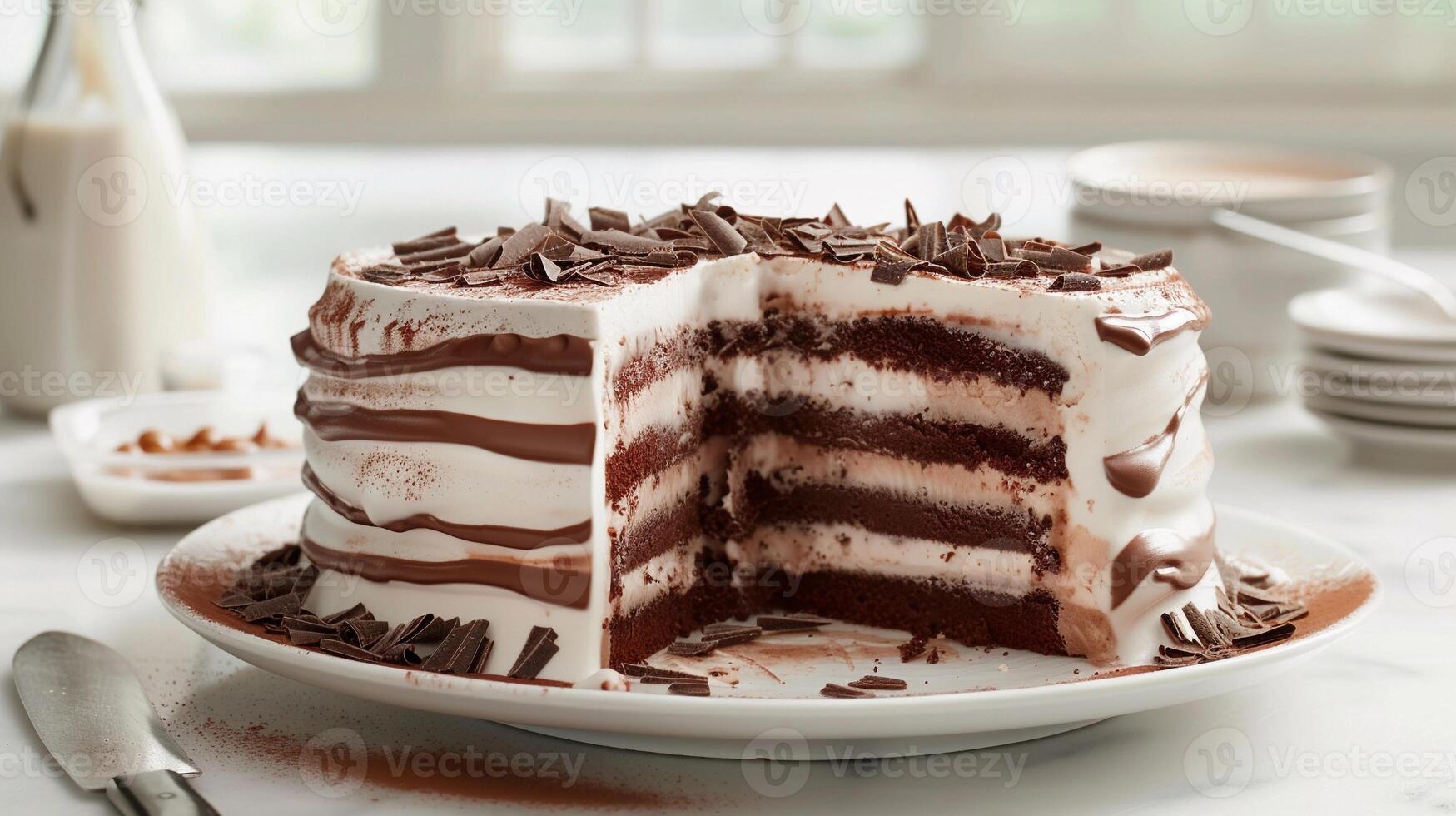 AI generated Decadent Indulgence, A chocolate ice cream cake cut open, generative AI photo