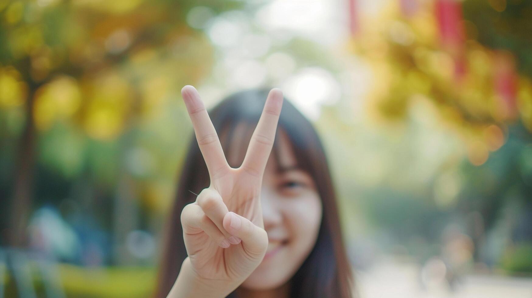 AI generated Close-up of female beautiful hand raising two fingers victory symbol, background image, generative AI photo