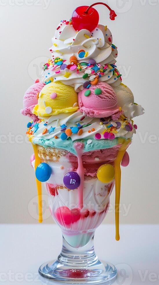 AI generated Rainbow Delight, A colorful ice cream sundae piled high with scoops in different pastel shades, generative AI photo